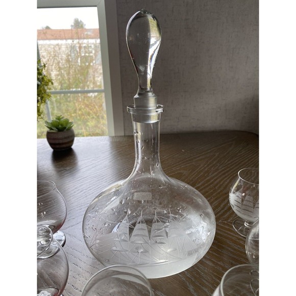 Tuscany Etched Clipper Ship Decanter/top & 6 Snifters Romania Hand Blown Barware - Picture 2 of 8